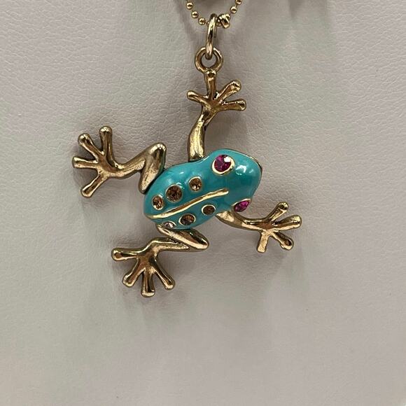 Betsey Johnson Teal & Gold
Frog Pendant Necklace Two-Row Necklace goldtone tree - Picture 2 of 11